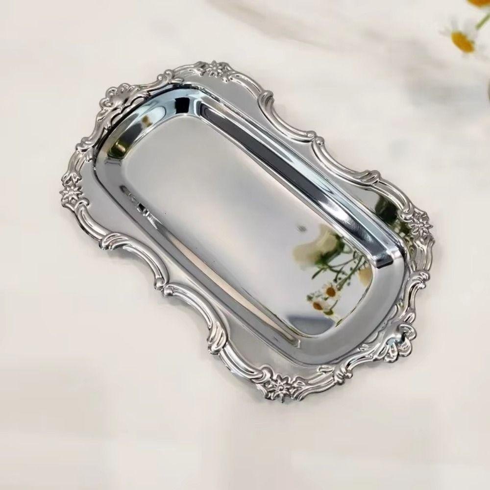 European Style Vintage Embossed Tray Gold/Silver Jewelry Decoration Plate Cafe Cake Dish