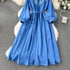 Vintage Bohemian Long Dress for Women A-line Embroidery Lace-up O Neck Lantern Sleeve Holiday Autumn Vestidos
