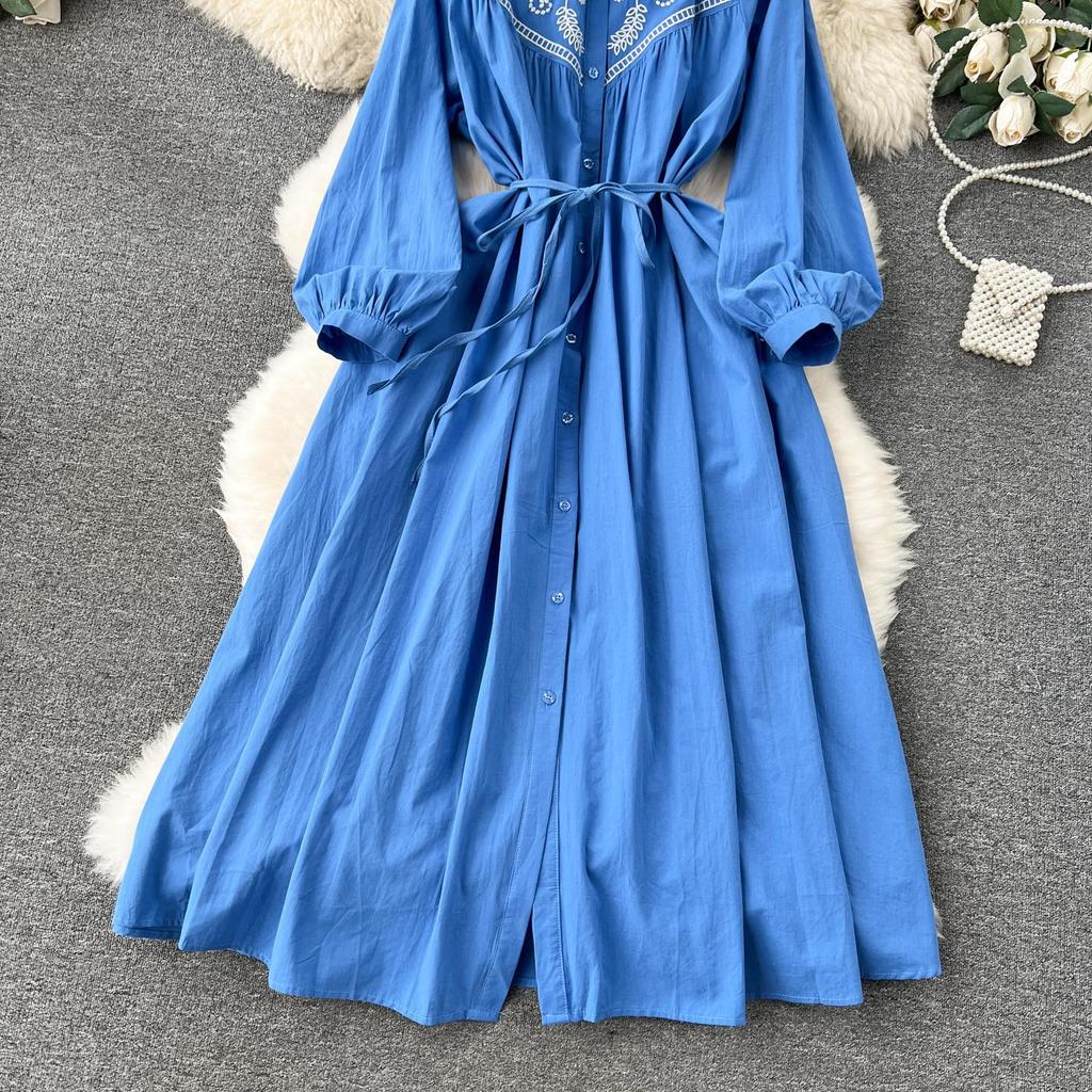 Vintage Bohemian Long Dress for Women A-line Embroidery Lace-up O Neck Lantern Sleeve Holiday Autumn Vestidos