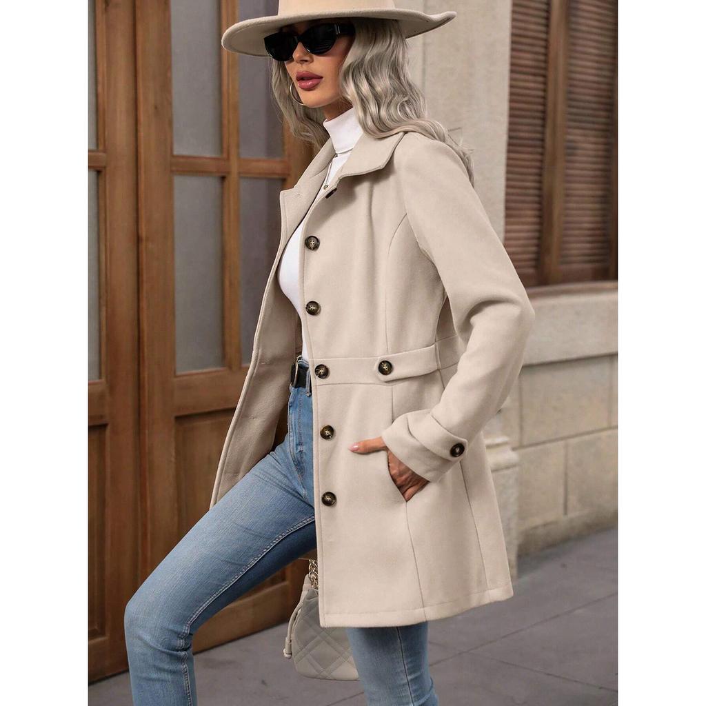 Women's Notched Lapel Wool Blend Coat, Slim Fit Belted Waist Trench with Thermal Lining, Elegant Office Chic Overcoat for Commute With Pockets