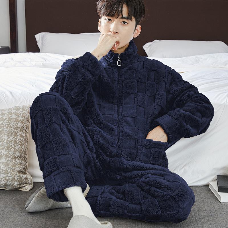 Men's Thick Coral Fleece Stand-Up Collar Zipper Pajamas - Warm Long Sleeve Homewear for Autumn & Winter
