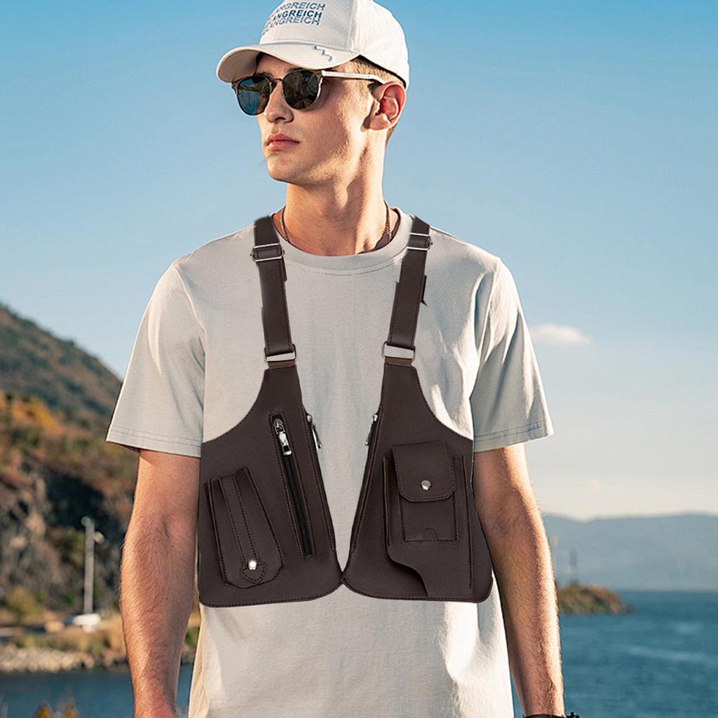 Double Shoulder Strap Multi-Pocket Outdoor Anti-Theft Tacticals Fishing Bag Waterproof PU Multi-Purpose Men's Cross-body Bags