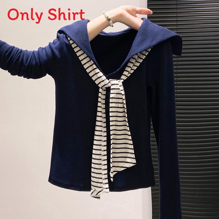 Minimalist Long Sleeve T Shirt For Women With Striped Pattern And Crew Neck For Casual Wear