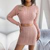 Women Knit Slim Two Piece Set Solid Color Twist Crop Sweater And Hip Skirt All Match Sizes S-L Autumn Winter