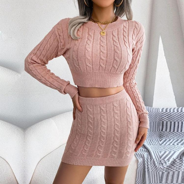 Women Knit Slim Two Piece Set Solid Color Twist Crop Sweater And Hip Skirt All Match Sizes S-L Autumn Winter
