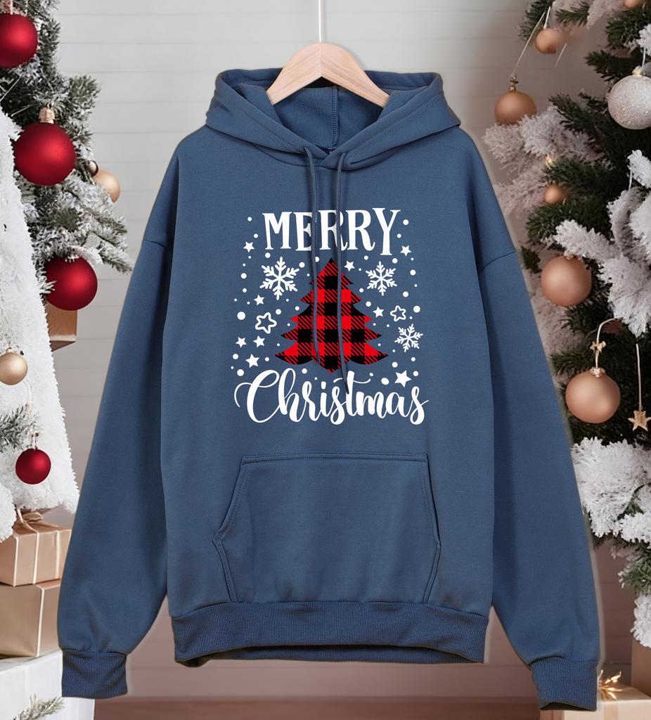 Merry Christmas Red Grid Tree Printing Hoodies Mens All-Match Casual Hoody Pocket Fleece Streetwear Comfortable Male Pullover