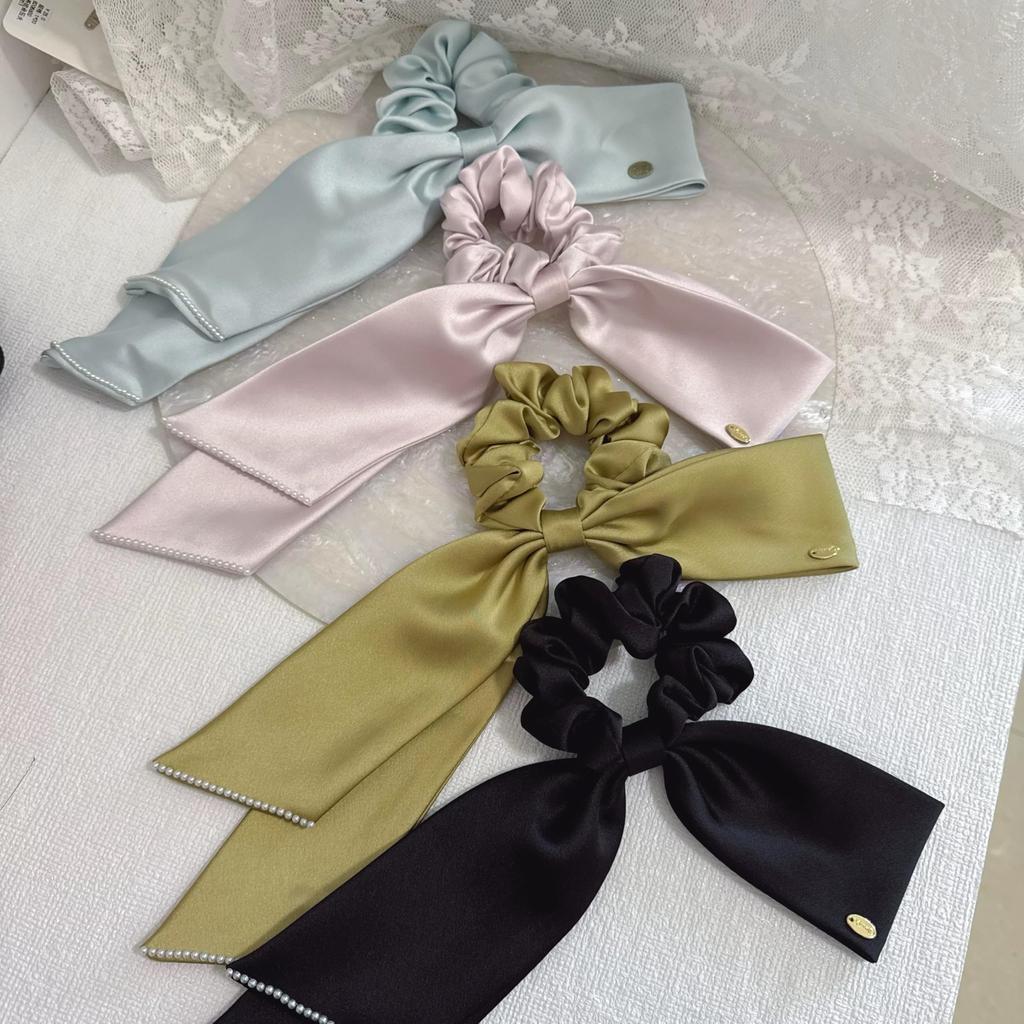 Black and White Scrunchie Hair Tie with Ribbon and Elegant Hair Accessory for White and Black Rhinestones, Adults,