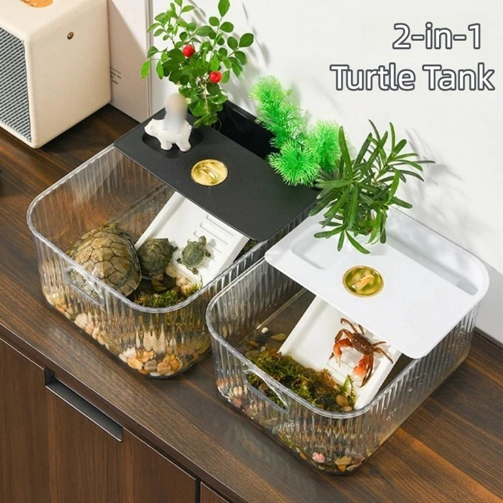 New Plastic Turtle Tank Clear Multi-functional Turtle Habitat Easy Clean Sunbathing Platform Small Pet Tank Pet Supplies