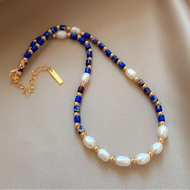 Nouvel Arrivage 100% Naturel Perle d'Eau Douce & Pierre Lapis-Lazuli Plaqué Or 14K Chaîne de Perles Féminine Collier Pour Femmes