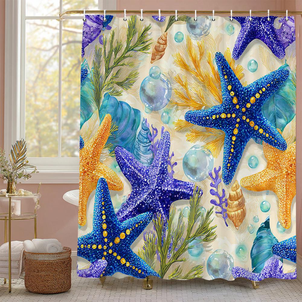 Ocean Shell Shower Curtain, Ocean Beach Shell Starfish Summer Bathroom Decorative Shower Curtain, Waterproof Shower Curtain