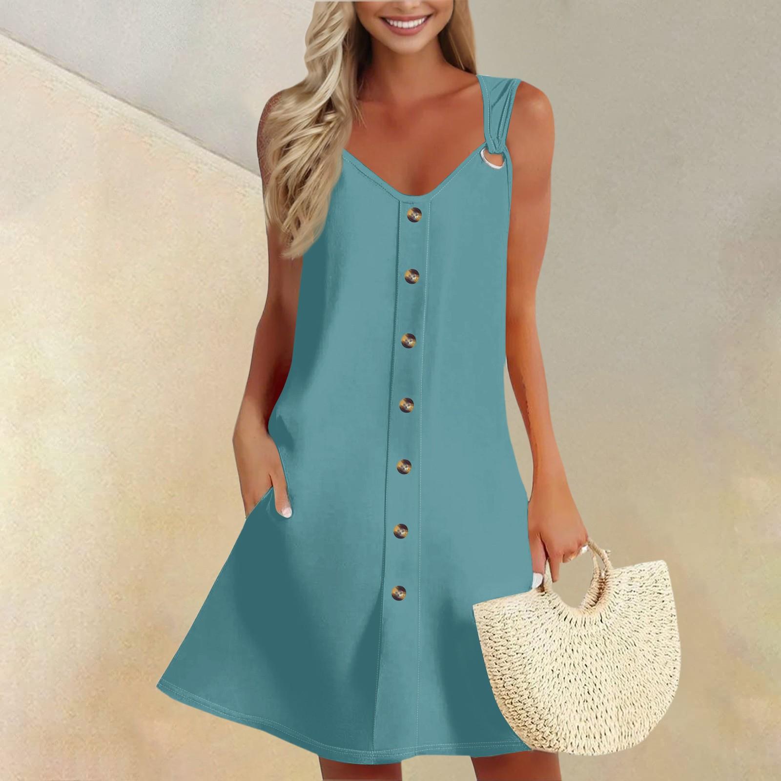 

Женское летнее платье без рукавов, весенний однотонный сарафан с карманами XXXL циан