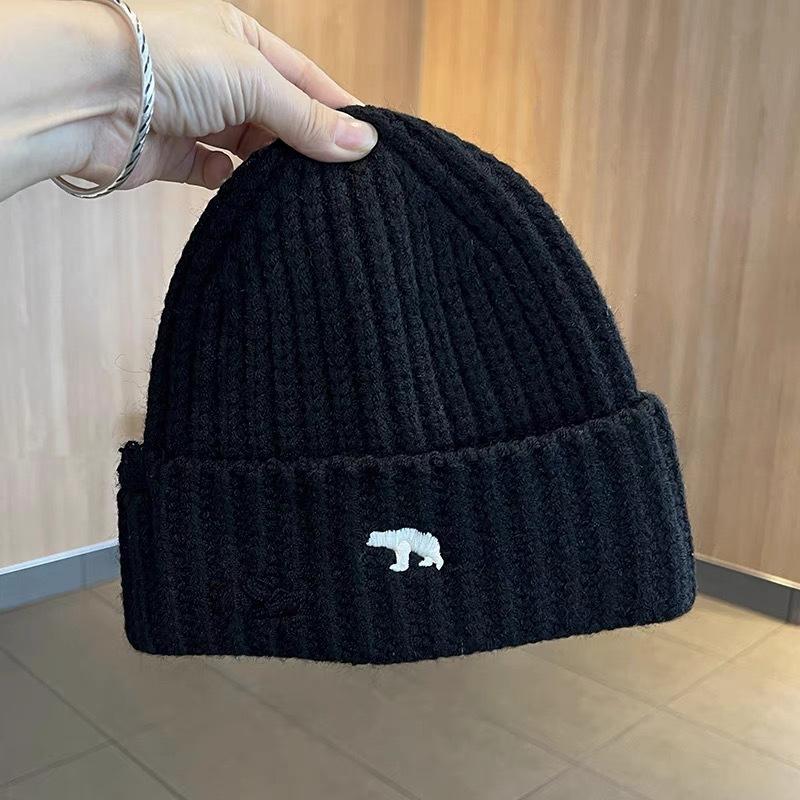 Ripped Wool Hat for Women In Autumn and Winter Versatile Warm Knitted Hat Showing Face Small Embroidery Polar Bear Ear Protection Cold Hat Men
