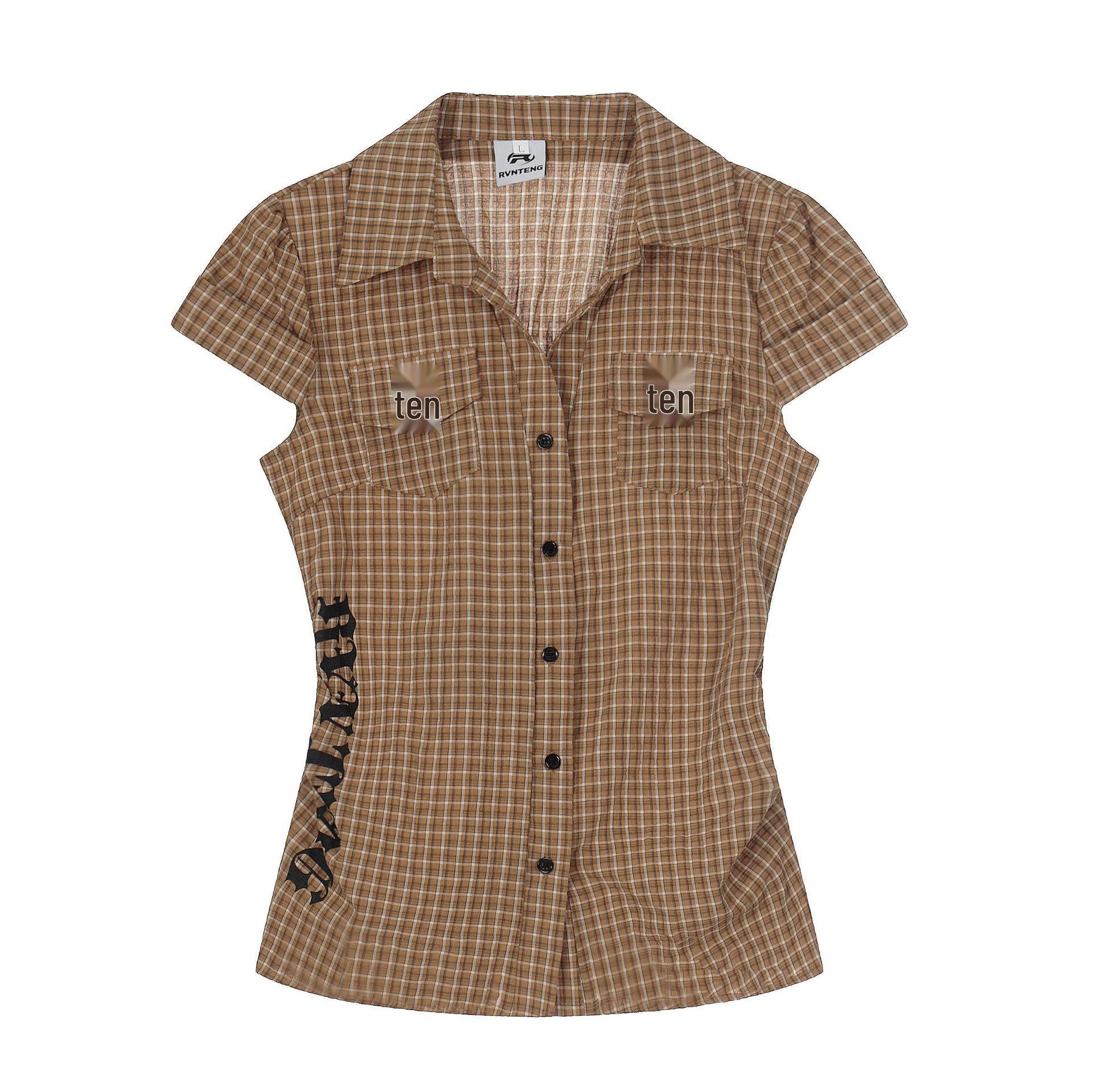 Women s American Retro Plaid Cropped Short-Sleeve Shirt - New Summer Arrival, High-End Feel, Versatile Slimming Fit Large кофейный