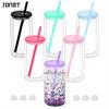 6PCS 16oz Double Wall Plastic Water Bottles with Straws Lids DIY Snowball Cup with Pre Drilled Hole Reusable Kids Drinkware Cups