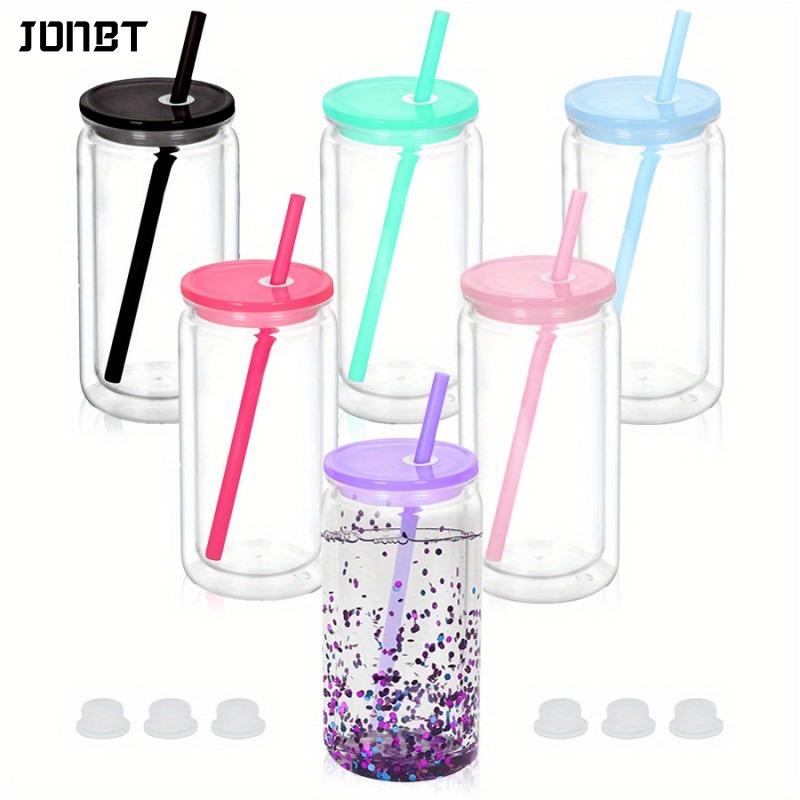 6PCS 16oz Double Wall Plastic Water Bottles with Straws Lids DIY Snowball Cup with Pre Drilled Hole Reusable Kids Drinkware Cups