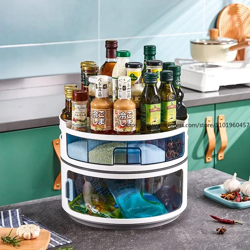 Rotating Condiment Storage Rack for Home Kitchen Countertop Multi-functional Soy Sauce Bottle Condiment Storage Supplies