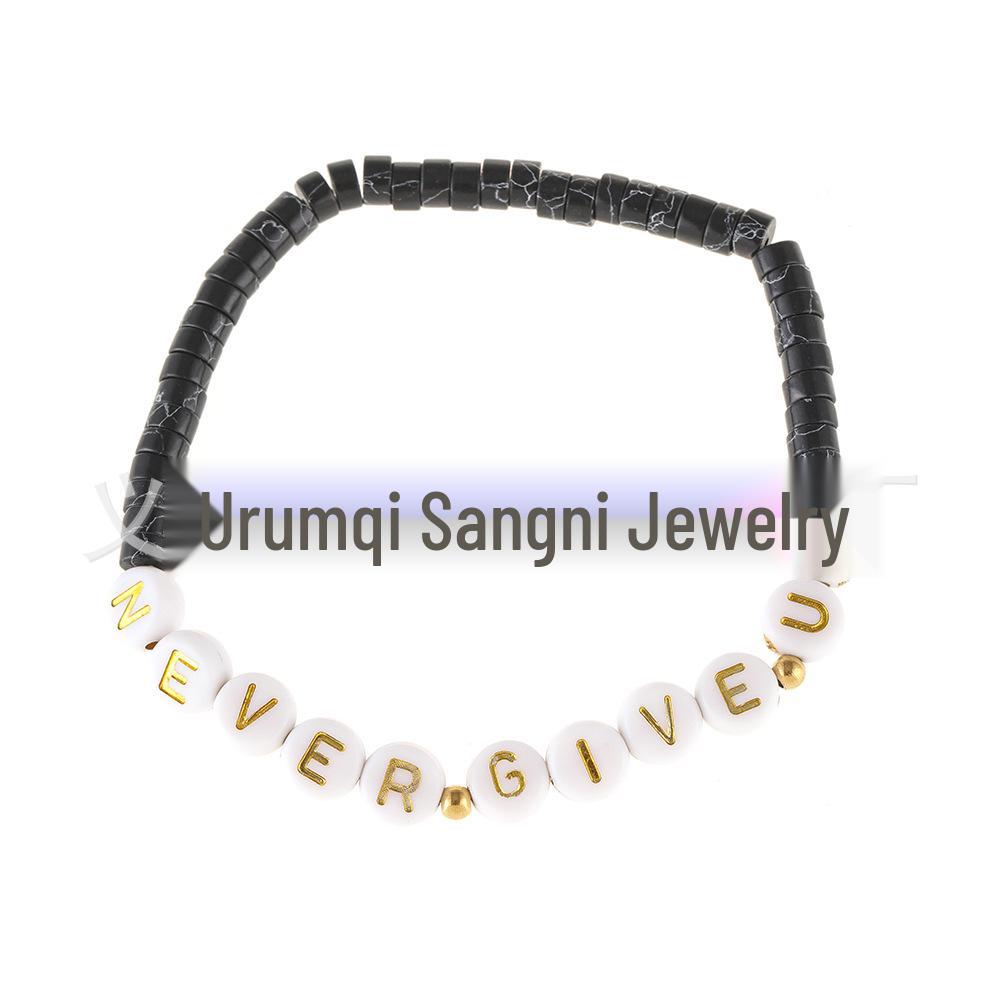 Unisex European & American Natural Stone Beaded Elastic Bracelet with English Letter