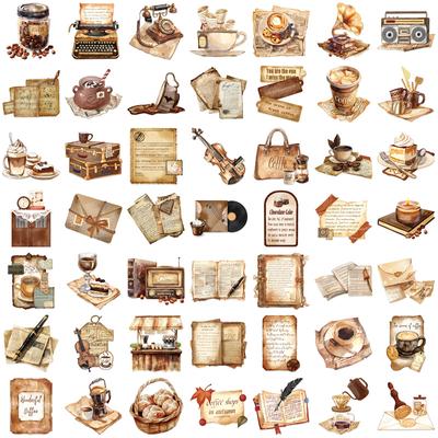 50Pcs Retro Cafe Cartoon Graffiti Stickers Skateboard Water Bottle Notebook Phone Waterproof Transparent Pet Sticker Decoration