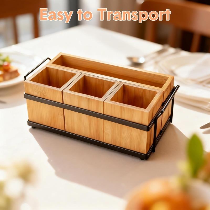 Bamboo Utensil Holder for Party, Wooden Flatware Caddy with 4 Removable Sections, Silverware Organizer with Metal Tray for Kitchen Picnic