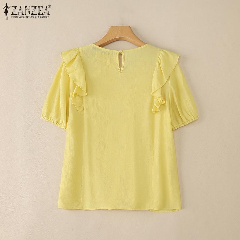 ZANZEA Women Casual Short Sleeve O-neck Ruffled Pleating Elegant Blouse