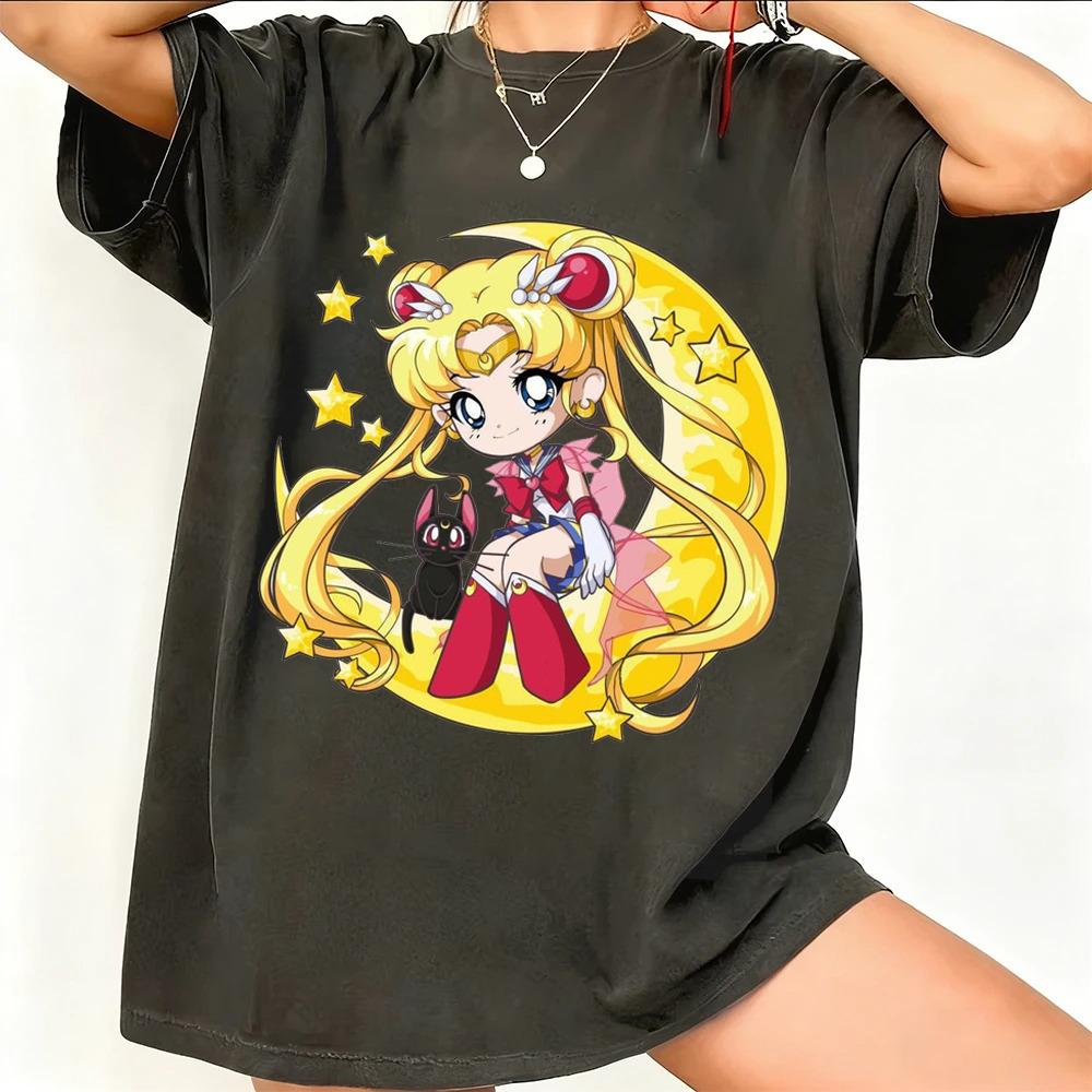 Sailor Moon Retro 90er Anime Grafik T-Shirt Sommer Baumwolle Unisex Damen Tee Streetwear Lässig Trend Kurzarm Paar Hip Hop Oberteil