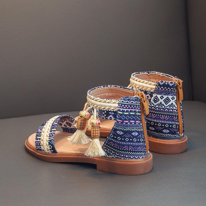 Children's Roman Shoes, Girls' Sandals, Summer Korean Edition, Middle and Large Children's Soft Bottom, Ethnic Style, Retro, Student Shoes