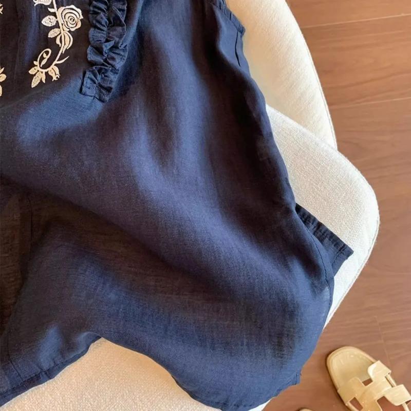 Women Linen Cotton Embroidery Sleeveless Blouse Ruffle Trim Casual Tank Top