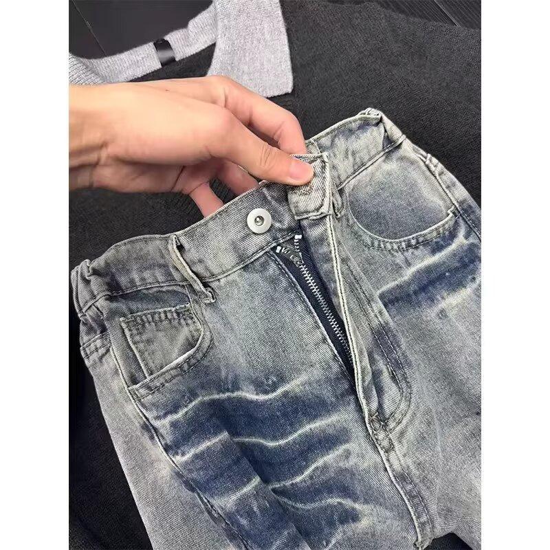 American diagonal lightning pattern jeans men's trendy high street slim-fit pants showing thin legs and slightly pulled pants