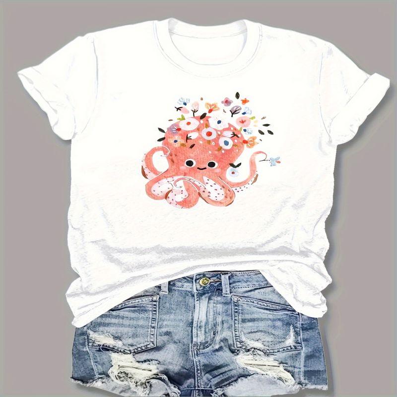 Cartoon Shark & Letter Shirt Short Sleeve Neck Fashion Casual Sport Basic Clothes Harajuku Style Summer Women'S Graphic T-Shirts