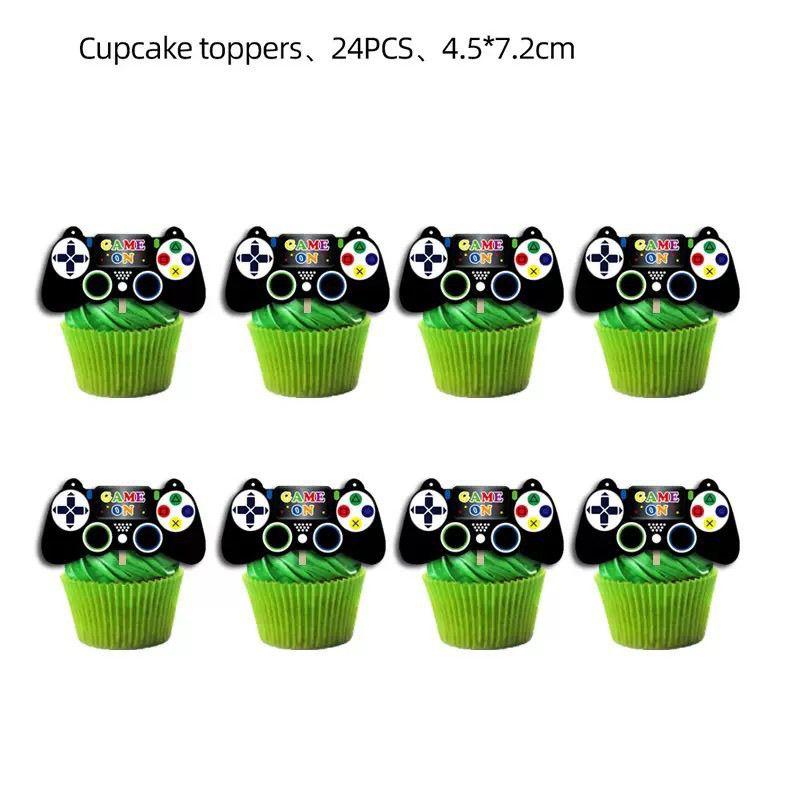 Cartoon Arcade-Themed Party Decoration Set: Boys' Birthday Decorations, Game Controller Banners, Cake Topper, and Spiral Hanging Decorations
