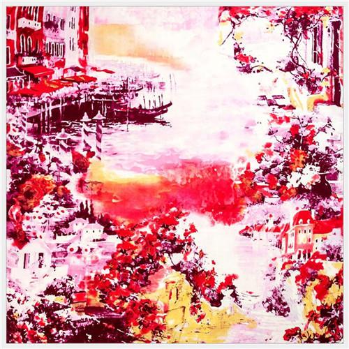 

POBING 100% Silk Scarf Women Large Shawls Oli Painting Village Print Stoles Square Bandana Luxury Kerchief Female Foulards 130CM