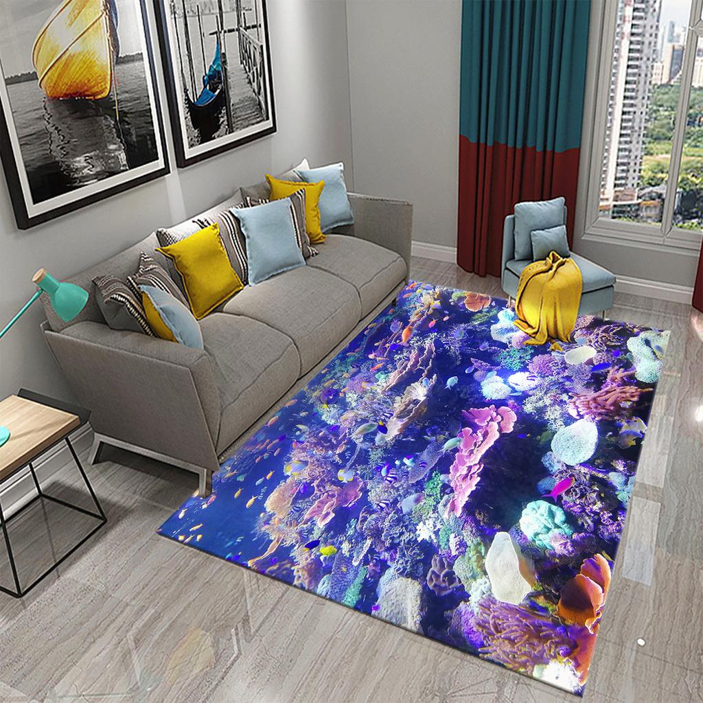 Underwater World Ocean Theme Carpet Cute Dolphin Octopus Sea Turtle Pattern Anti-slip Floor Mat for Living Room Bedroom Bathroom