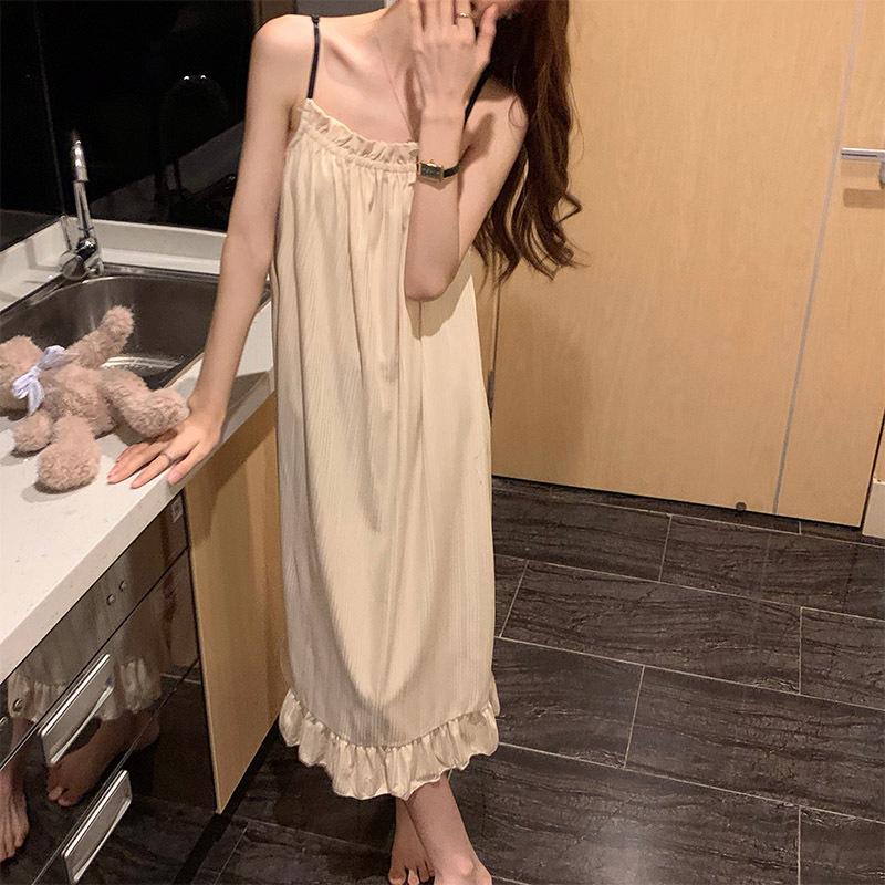 Mädchen Koreanischer Prinzessinnenstil Rüschen Einfach Süß Pyjama Damen Sommer Herbst Träger Mittellang Nachthemd Hauskleidung
