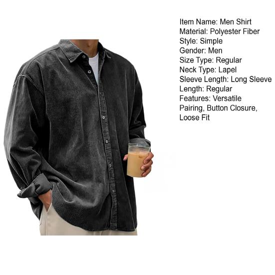 Men Corduroy Shirt Button Down Long Sleeve Lapel Shirt Classic Solid Color Loose Casual Shirt