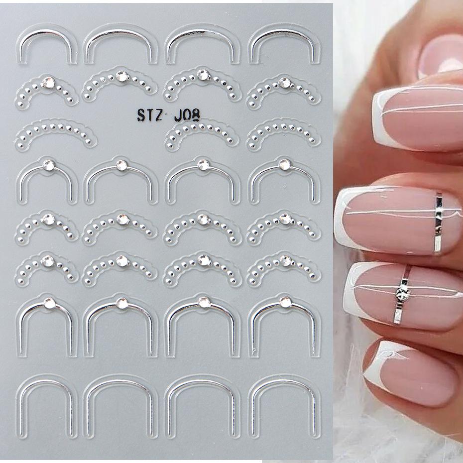 Strass 3D Linee Ondulate Argentate Adesivi per Unghie Decalcomanie Striscia Pizzo Perla Decorazioni per Nail Art Autoadesivi Gel Slider Manicure
