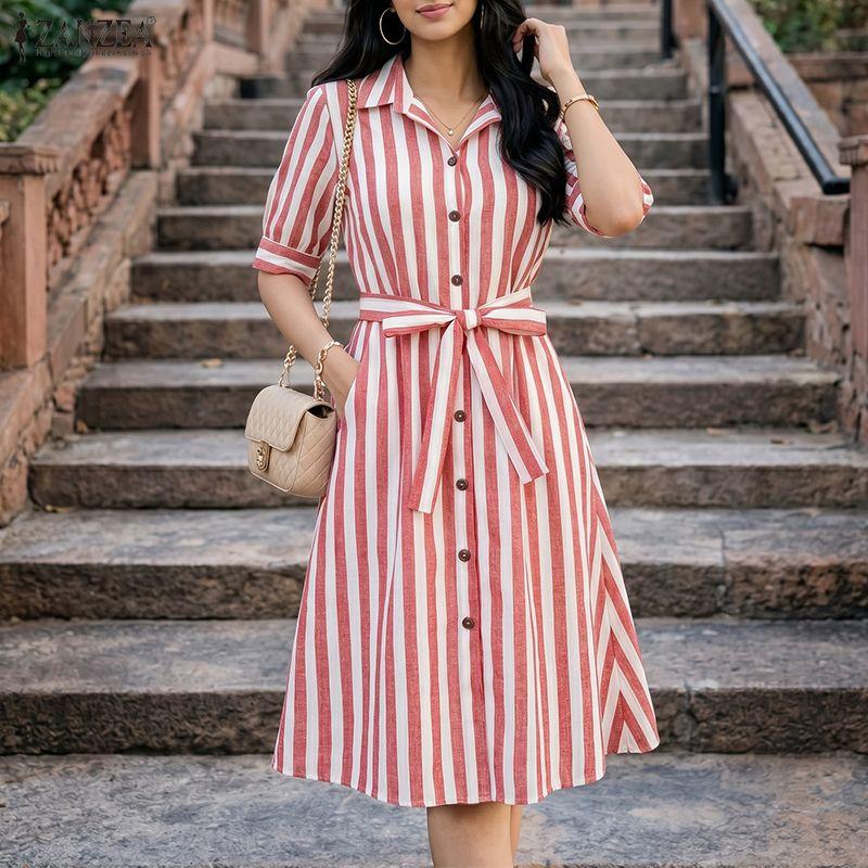 ZANZEA Lässiges Kleid mit Umlegekragen und kurzen Ärmeln und Streifen für Damen