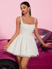 French Chic White Lace Square Neck Dress with Corset Waist and Flared Hem