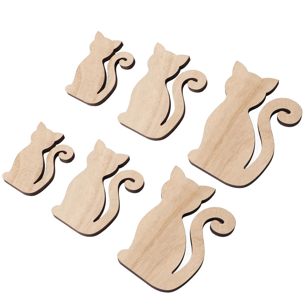 6Pcs Wood Cat Cutout 3 Sizes Exquisite Unpainted Unfinished Wooden Cutouts for DIY Craft Pet Party