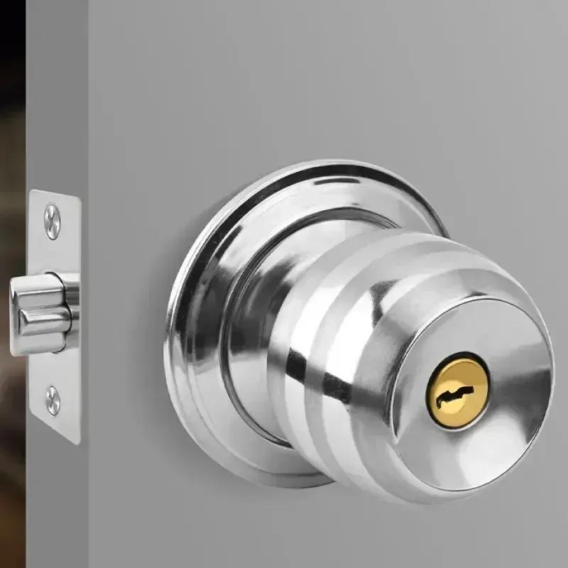 Home Armored Door Handle With Lock For Room Accessories Stainless Steel Knobs Safety Round Entrance Bedrooms Doorknob Articles
