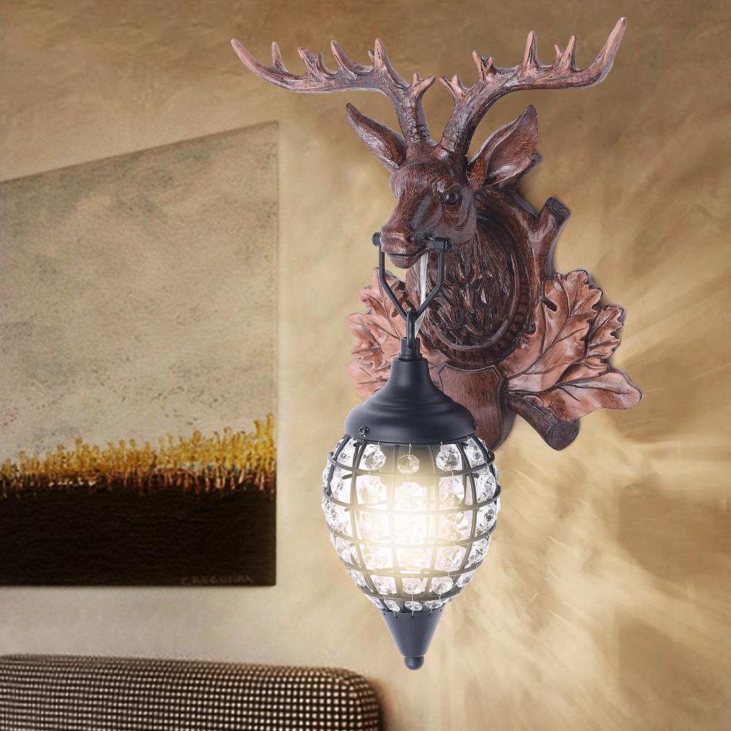 Deer Head Wall Light, Antler Wall Lamp, European Style Wall Mount Lighting, Bedroom Handmade Fixture W/ K9 Crystals & E12 Base