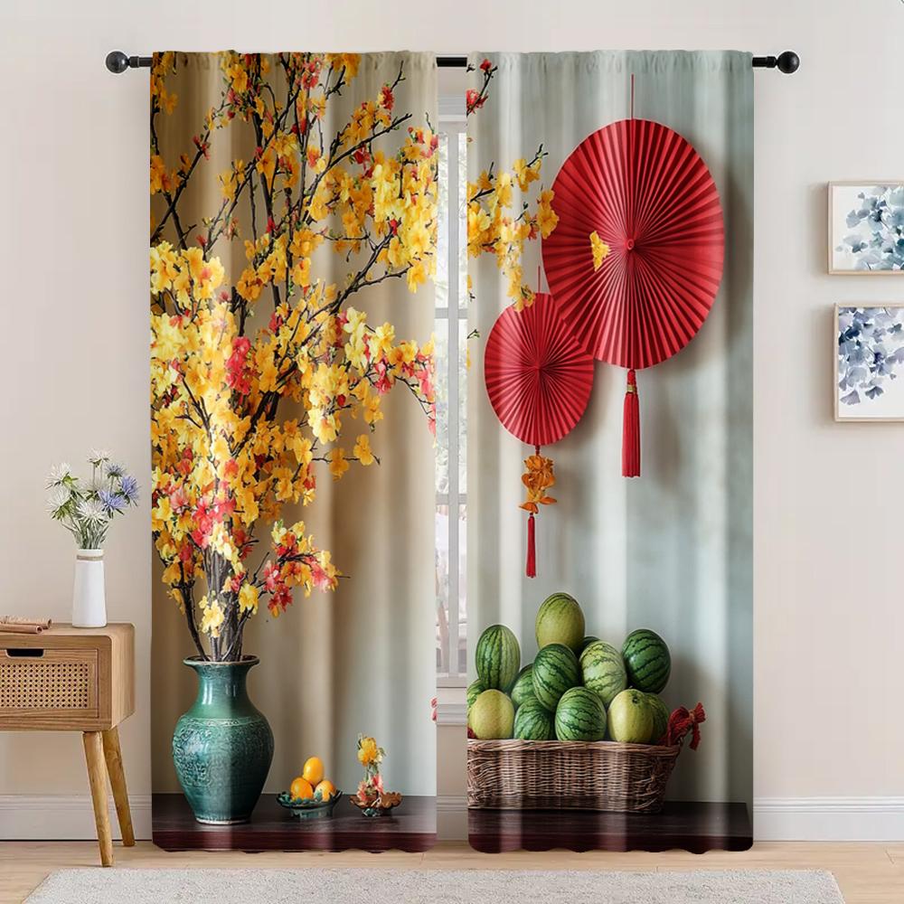 

2 шт., Шторы Свежий фруктовый желтый цветущий красный бумажный веер Блэкаут Полиэстер Праздничный настенный декор Подходит для украшения вечеринки 29x65in(75x166cm)