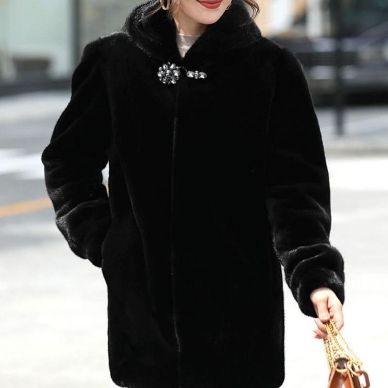 Coat Women's Medium and Long Mink Velvet Winter Fur Coat Thickened Whole Mink Hair Thickened Mink Black