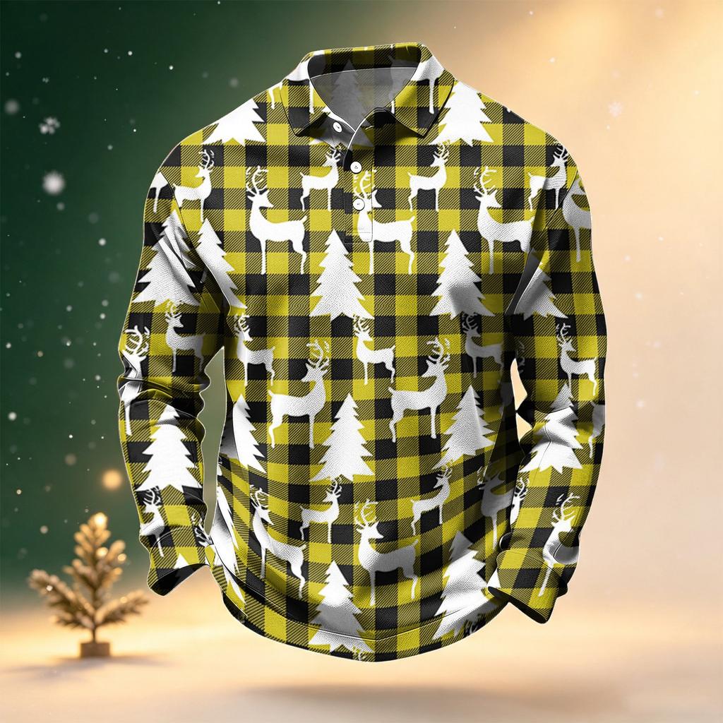 Men's Golf Shirt Long Sleeve Casual Christmas Print Quick-Dry Mesh Top
