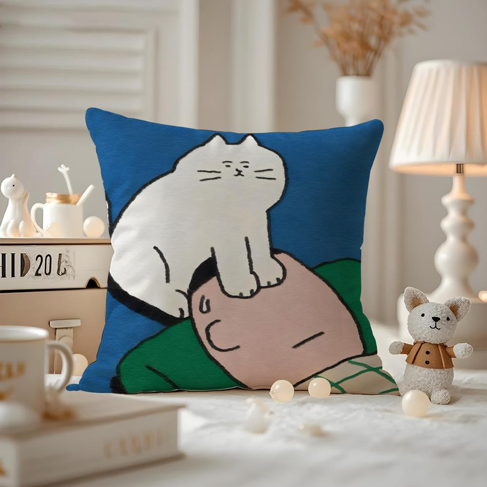 Cat Daily Life Illustrations Cushion Cover Pattern Printed Pillowcase For Living Room Sofa Cushion Cover & Bedroom Decor