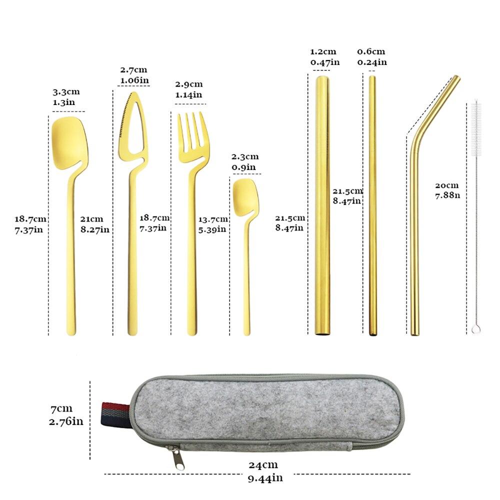 Gold Portable Dinnerware Set Unique Design Travel Reusable Camping Silverware Cutlery Tableware Set With 215/12/6 Straight Straw