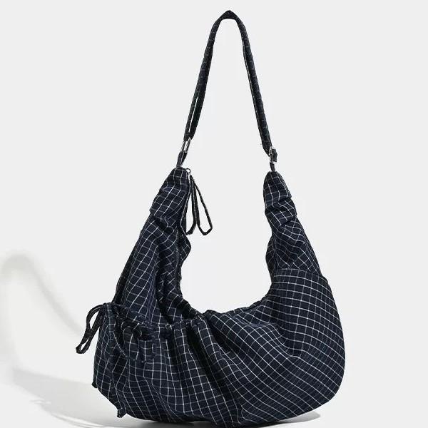 Korean Niche Plaid Drawstring Lightweight Casual Messenger Bag Women'S Lazy Style Show Daily Shoulder Bag