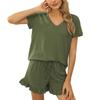 Women's Home Wear Pajamas Set Solid Color V-neck Short-sleeved Irregular Shorts Sports Leisure Home Two-piece Set