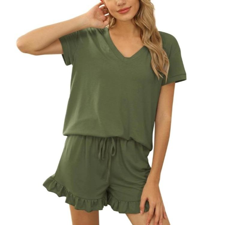 Women's Home Wear Pajamas Set Solid Color V-neck Short-sleeved Irregular Shorts Sports Leisure Home Two-piece Set