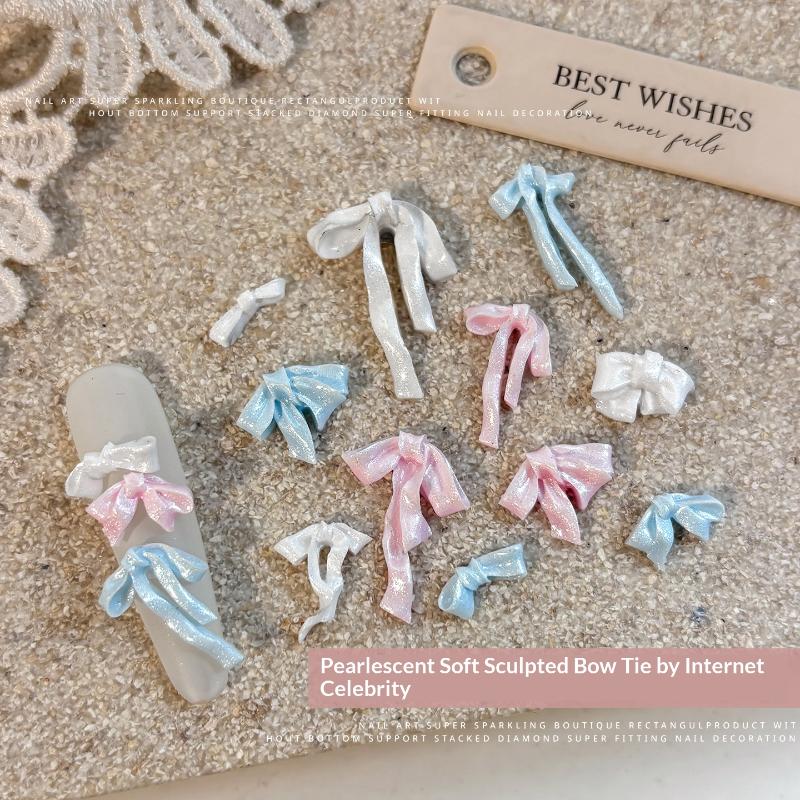 50 Pcs Bowknot Nail Art Decorations 3D Satin Light Nail Charms Colorful Ribbon Bow Rhinestone Diy Manicure Tools Parts