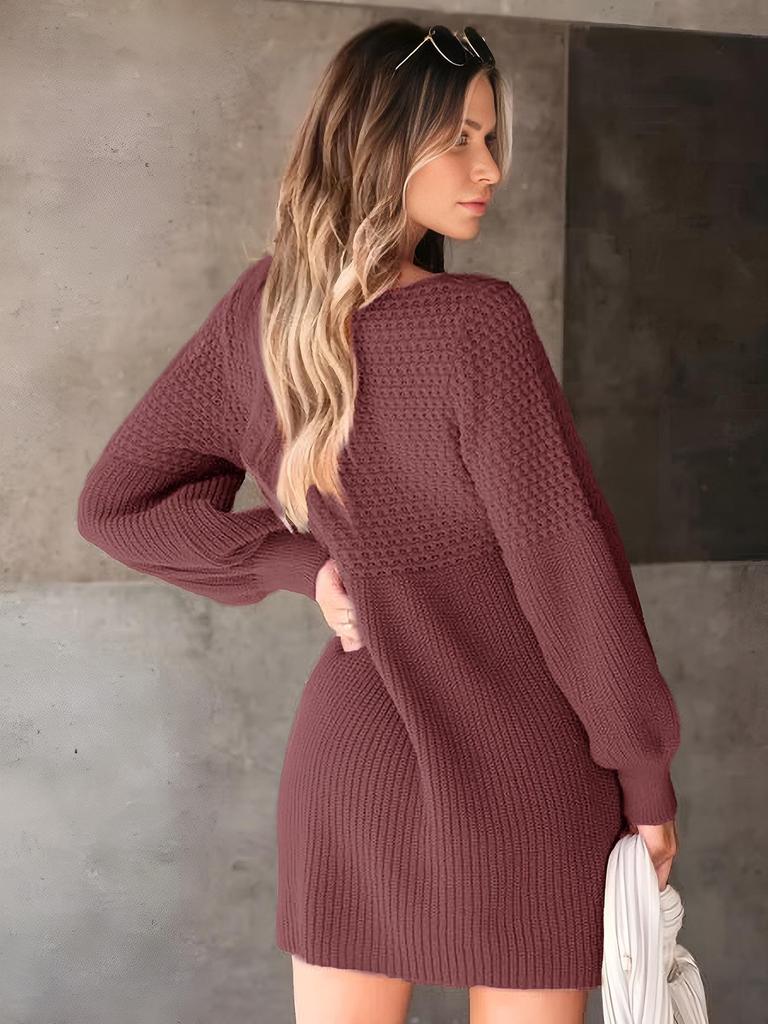 2025 European & American Style Women's Knit Wool Dress with Lantern Sleeves